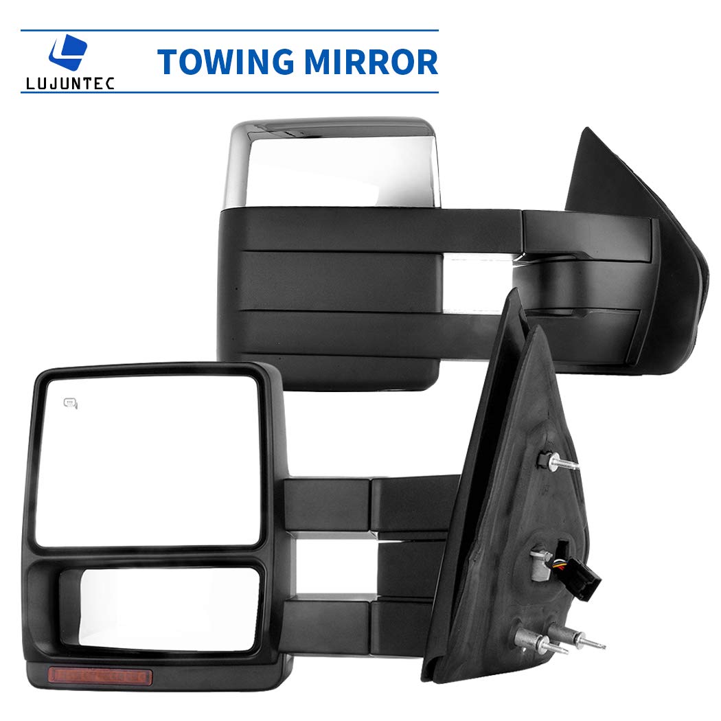 LUJUNTEC Tow Mirrors Replacement fit for 2004-2015 For Ford For F-150 Pickup Truck Pickup Towing Mirrors Driver Left and Passenger Right Side Power Adjusted Heated Turn Signal Light Chrome