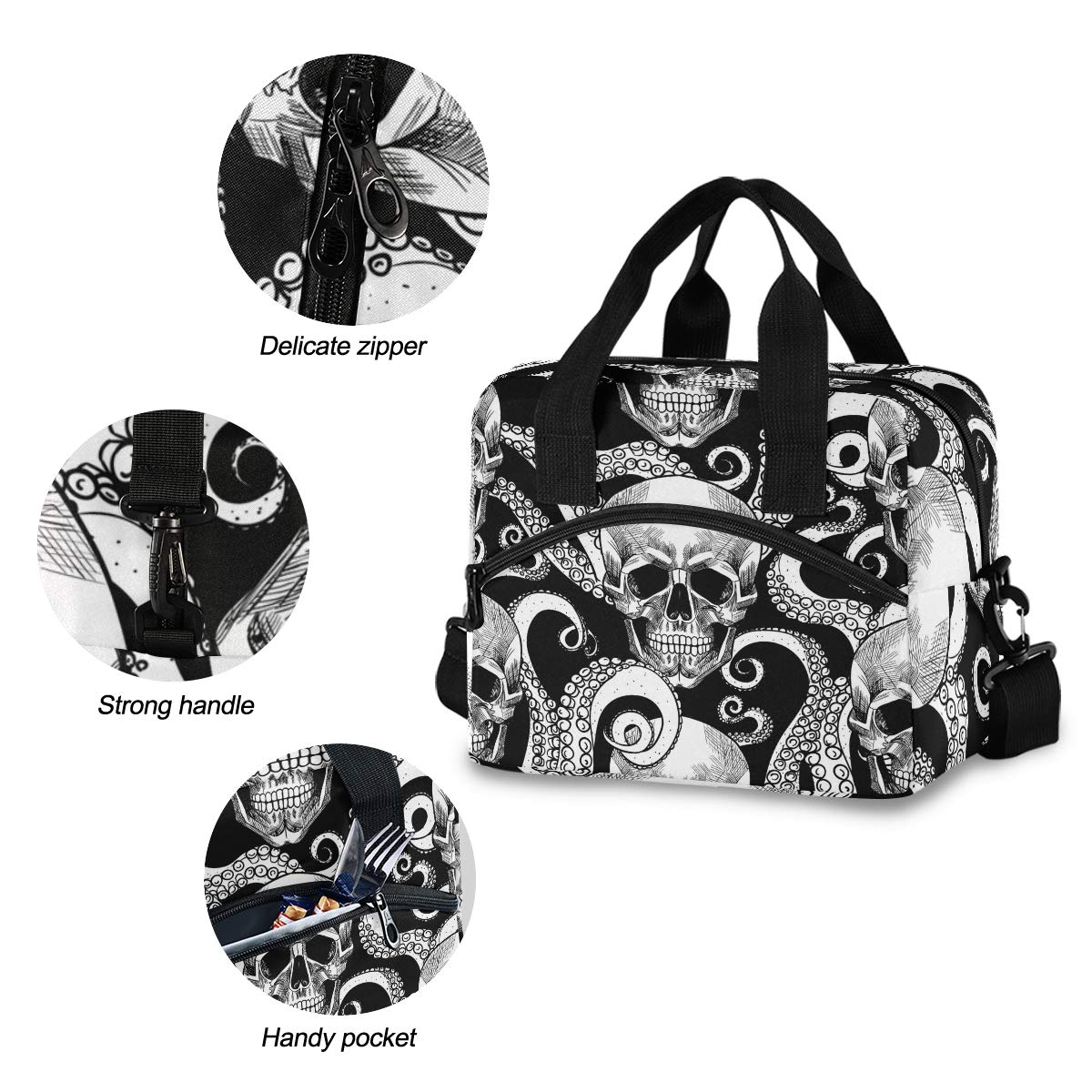 Insulated Lunch Bag Reusable Cooler - Skull Octopus Lunch Box Adjustable Shoulder Strap for School Office Picnic Adults Men Women