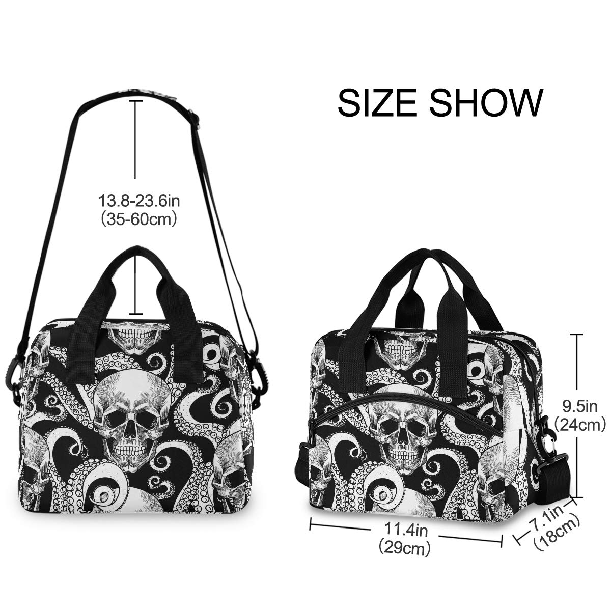 Insulated Lunch Bag Reusable Cooler - Skull Octopus Lunch Box Adjustable Shoulder Strap for School Office Picnic Adults Men Women