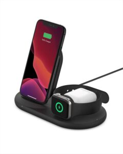 belkin 3-in-1 wireless charger - fast charging stand for apple iphone, apple watch & airpods case compatible qi station for multiple devices - black