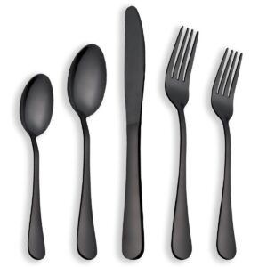 Berglander 40 Piece Shiny Black Flatware Set, 40 Piece Black Titanium Plating Flatware, Black Gold Plated Stainless Steel Silverware Set Cutlery Sets, Service for 8 (Shiny Black)