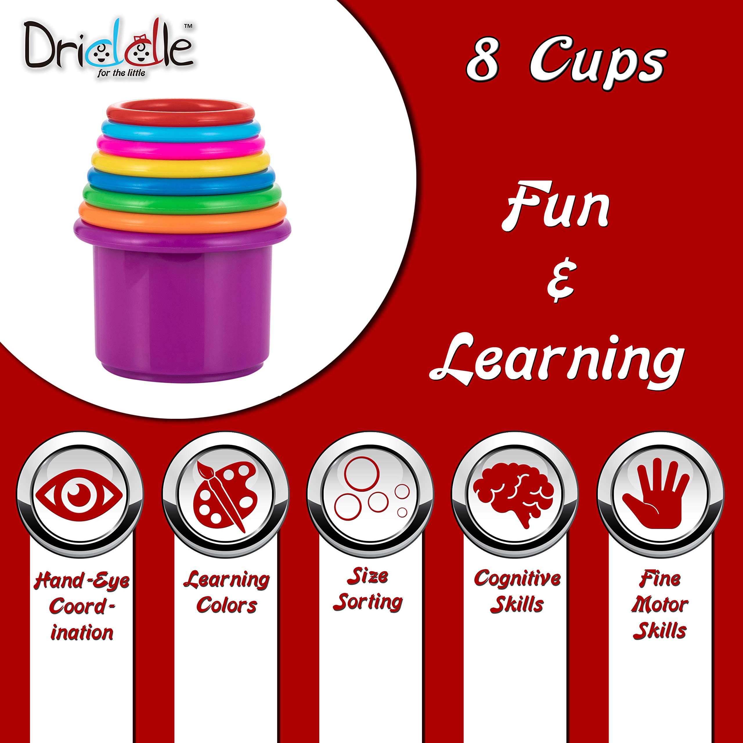 Driddle Colorful Stacking & Nesting Cups - 8 Cups Fun Color Learning Toy - Great Bath & Beach Toy for Baby Toddler & Kids - Preschool Game