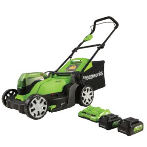 greenworks 48v (2 x 24v) 17" cordless (push) lawn mower (125+ compatible tools), (2) 4.0ah batteries and dual port rapid charger included