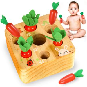 yofun montessori toys for toddler - carrot harvest wooden matching puzzle, shape & size sorting games for developing fine motor skill, educational gift for baby boys girls, made of natural pine wood