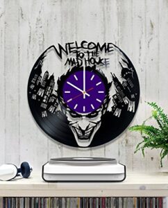 mkg studio vinyl record wall clock joker joke welcome to the mad house comedian comic 12 inches decor home idea handmade gift for her him