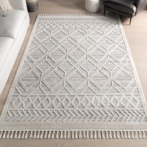 nuloom 4x6 ansley moroccan tassel area rug, light grey, high-low textured bohemian design, plush high pile, stain resistant, for bedroom, living room, hallway, entryway