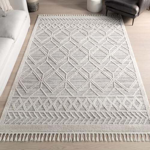 nuLOOM 4x6 Ansley Moroccan Tassel Area Rug, Light Grey, High-Low Textured Bohemian Design, Plush High Pile, Stain Resistant, For Bedroom, Living Room, Hallway, Entryway