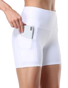 oalka women's short yoga side pockets high waist workout running shorts 4" pure white size s