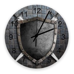 12 inch silent round wooden wall clock medieval knight shield wall clock, non ticking battery operated quartz home decor wall clocks for living room/kitchen/office