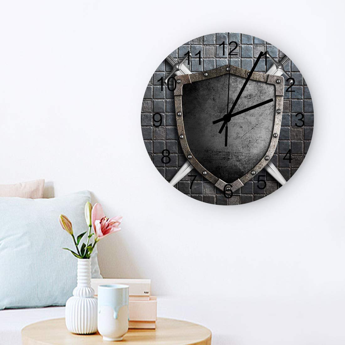 12 Inch Silent Round Wooden Wall Clock Medieval Knight Shield Wall Clock, Non Ticking Battery Operated Quartz Home Decor Wall Clocks for Living Room/Kitchen/Office