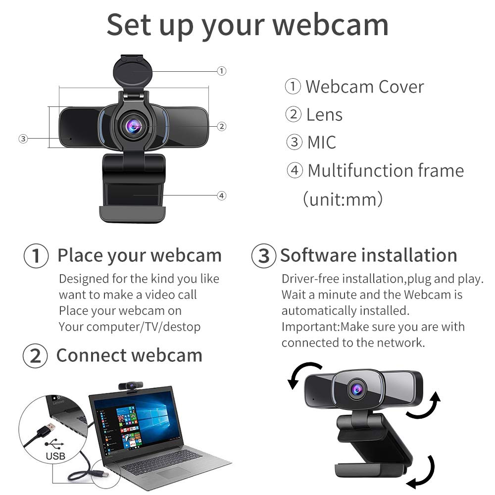 Dericam USB Web Camera, 1080P HD Webcam with Microphone and Privacy Cover [Plug and Play], 1080p/30fps Laptop Face Cam for Zoom/Skype/Teams, PC Video Conference