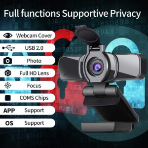 Dericam USB Web Camera, 1080P HD Webcam with Microphone and Privacy Cover [Plug and Play], 1080p/30fps Laptop Face Cam for Zoom/Skype/Teams, PC Video Conference