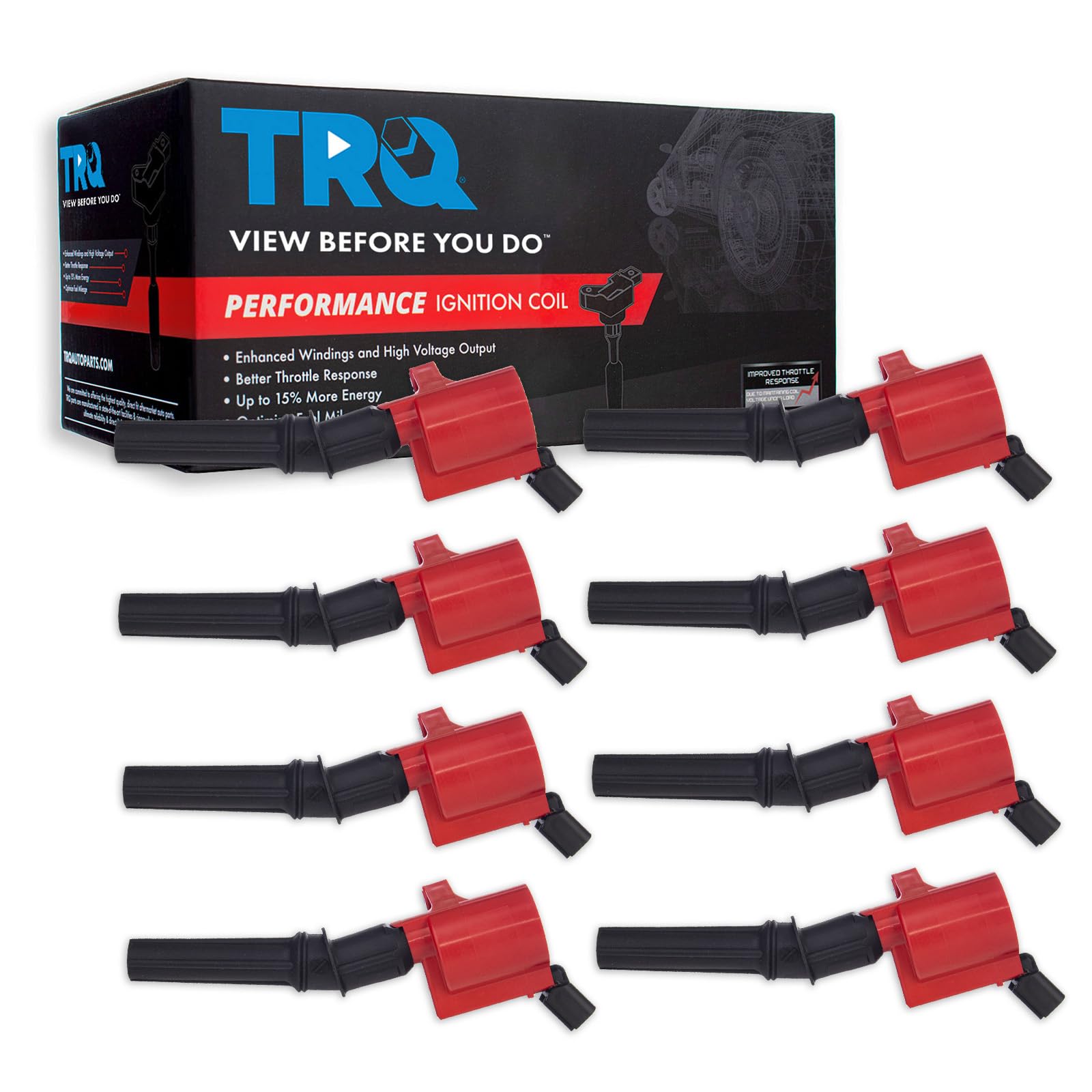 TRQ 8 Piece Premium High Performance Ignition Coil Black and Red Kit Set for Ford/Lincoln/Mercury