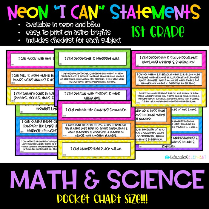 "I Can" Statements for Math/Science: 1st Grade - Neon theme