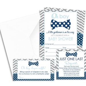 Paper Clever Party Bow Tie Baby Shower Invitation Bundle with Blank Invites with Envelopes for Boys, Diaper Raffle Insert Bring a Book Cards Set (25 of Each) Little Man Theme Blue and Grey