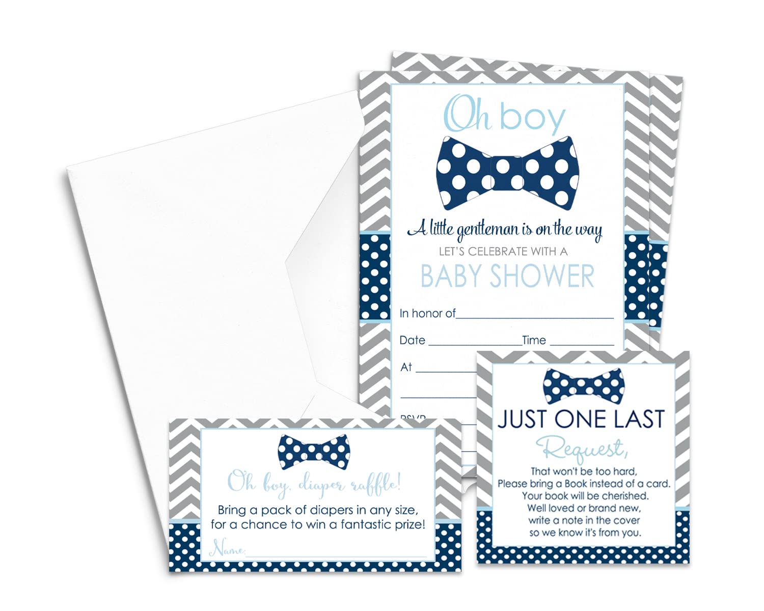 Paper Clever Party Bow Tie Baby Shower Invitation Bundle with Blank Invites with Envelopes for Boys, Diaper Raffle Insert Bring a Book Cards Set (25 of Each) Little Man Theme Blue and Grey