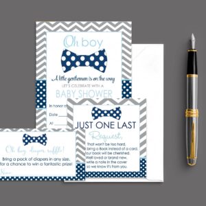 Paper Clever Party Bow Tie Baby Shower Invitation Bundle with Blank Invites with Envelopes for Boys, Diaper Raffle Insert Bring a Book Cards Set (25 of Each) Little Man Theme Blue and Grey