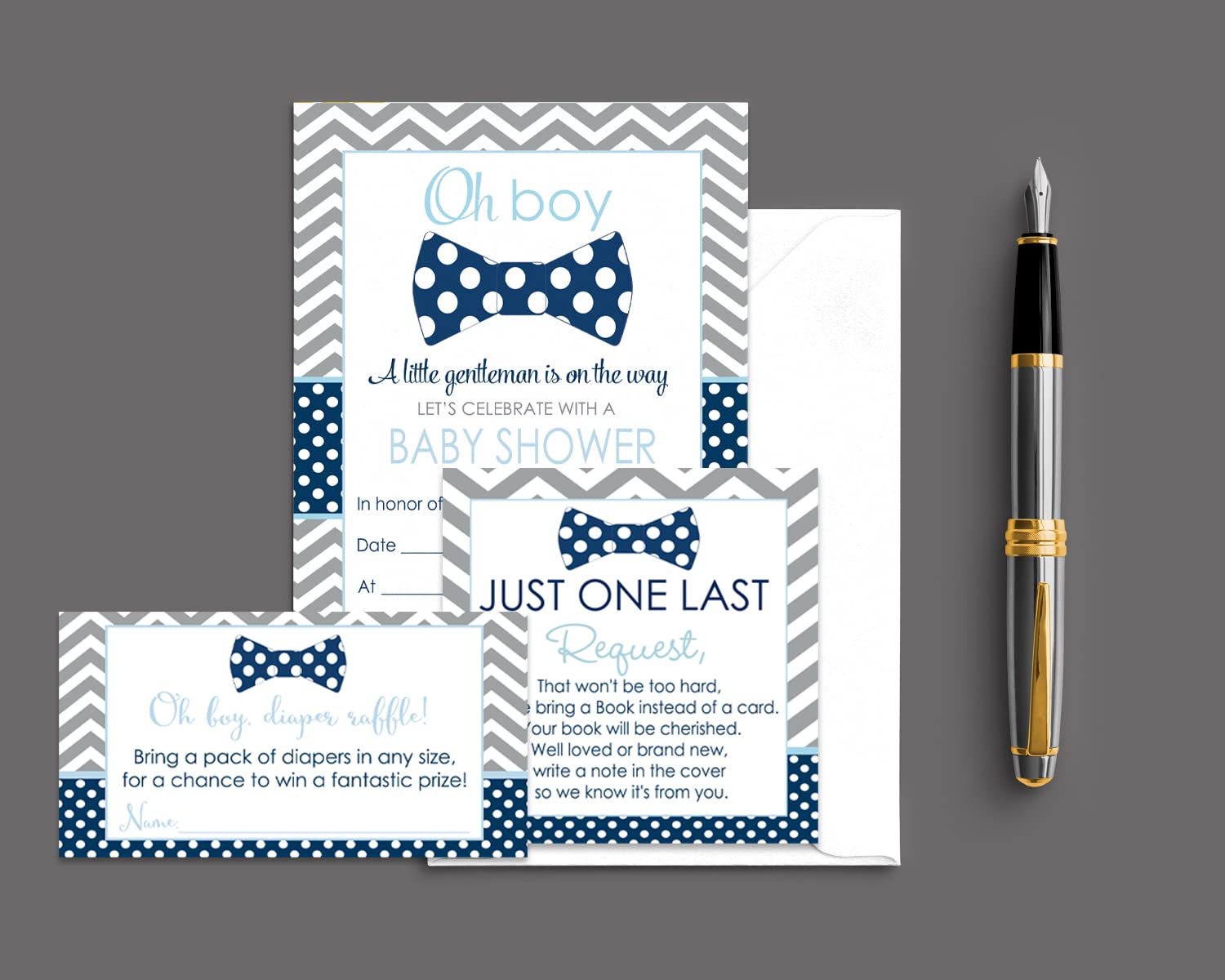 Paper Clever Party Bow Tie Baby Shower Invitation Bundle with Blank Invites with Envelopes for Boys, Diaper Raffle Insert Bring a Book Cards Set (25 of Each) Little Man Theme Blue and Grey