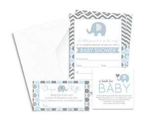 paper clever party blue elephant baby shower invitation bundle with blank invites with envelopes for boys diaper raffle tickets bring a book insert cards set (25 of each) jungle theme royal prince