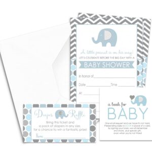 Paper Clever Party Blue Elephant Baby Shower Invitation Bundle with Blank Invites with Envelopes for Boys Diaper Raffle Tickets Bring a Book Insert Cards Set (25 of Each) Jungle Theme Royal Prince