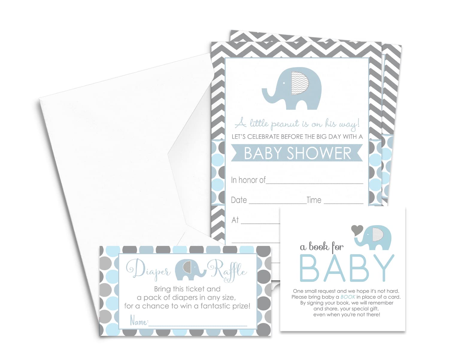 Paper Clever Party Blue Elephant Baby Shower Invitation Bundle with Blank Invites with Envelopes for Boys Diaper Raffle Tickets Bring a Book Insert Cards Set (25 of Each) Jungle Theme Royal Prince