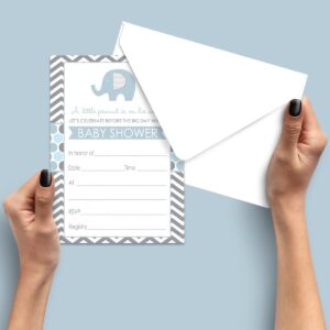 Paper Clever Party Blue Elephant Baby Shower Invitation Bundle with Blank Invites with Envelopes for Boys Diaper Raffle Tickets Bring a Book Insert Cards Set (25 of Each) Jungle Theme Royal Prince