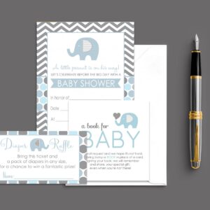 Paper Clever Party Blue Elephant Baby Shower Invitation Bundle with Blank Invites with Envelopes for Boys Diaper Raffle Tickets Bring a Book Insert Cards Set (25 of Each) Jungle Theme Royal Prince