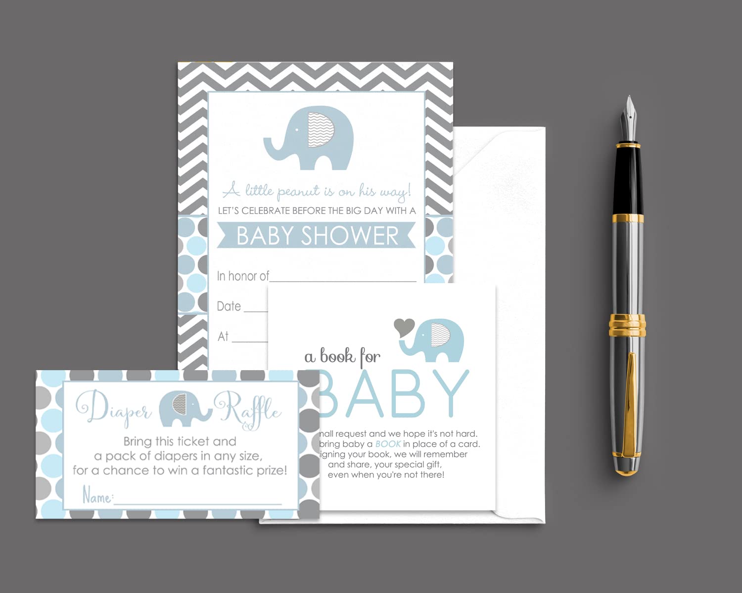 Paper Clever Party Blue Elephant Baby Shower Invitation Bundle with Blank Invites with Envelopes for Boys Diaper Raffle Tickets Bring a Book Insert Cards Set (25 of Each) Jungle Theme Royal Prince