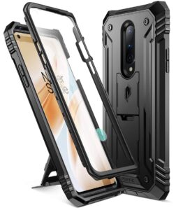poetic revolution phone case for oneplus 8 case, [not compatible with verizon version] full-body rugged dual-layer shockproof protective cover with kickstand and built-in-screen protector, black