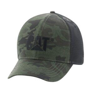 caterpillar men's raised logo hats with embroidered front and contrast mesh back with plastic snapback closure, night camo, one size