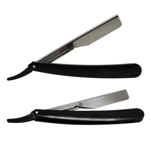 leorx 2pcs stainless steel straight edge razor barber manual beard shaver folding shaving razor barber shaver tool (black)