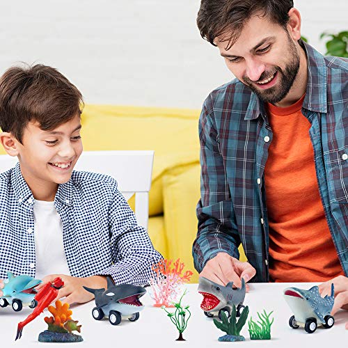 DINOBROS Sea Animal Pull Back Toy Cars Playset Ocean Game Set of 12Pcs Great White Shark Dolphin Killer Whale Toys for Boys and Toddlers 3 Year Olds and Up