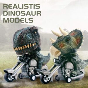 DINOBROS Dinosaur Toy Cars 2 Pack Friction Powered Motorcycle Game T-Rex and Triceratops Monster Dino Toys for Boys Age 3,4,5,6,7