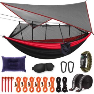 kinfayv hammock with net and rain fly - portable double hammock with bug net and tent tarp heavy duty tree strap for travel camping backpacking hiking outdoor activities,red