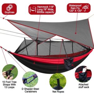Kinfayv Hammock with Net and Rain Fly - Portable Double Hammock with Bug Net and Tent Tarp Heavy Duty Tree Strap for Travel Camping Backpacking Hiking Outdoor Activities,Red