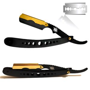 Gold Dipped With Premium Long Lasting Gold Quality - Barber Hair Shaving Straight Edge Razor - Shavette Kit With Free Blades