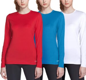 athlio women's upf 50+ long sleeve workout shirts, uv sun protection running shirt, dry fit athletic tops, round neck 3pack shirts teal/white/red, large