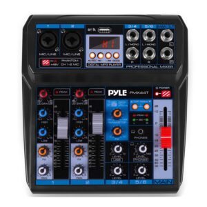 pyle professional wireless dj audio mixer - 6-channel bluetooth compatible dj controller sound mixer w/dsp effects, usb audio interface, dual rca in, xlr/1/4" microphone in, headphone jack pmx44t