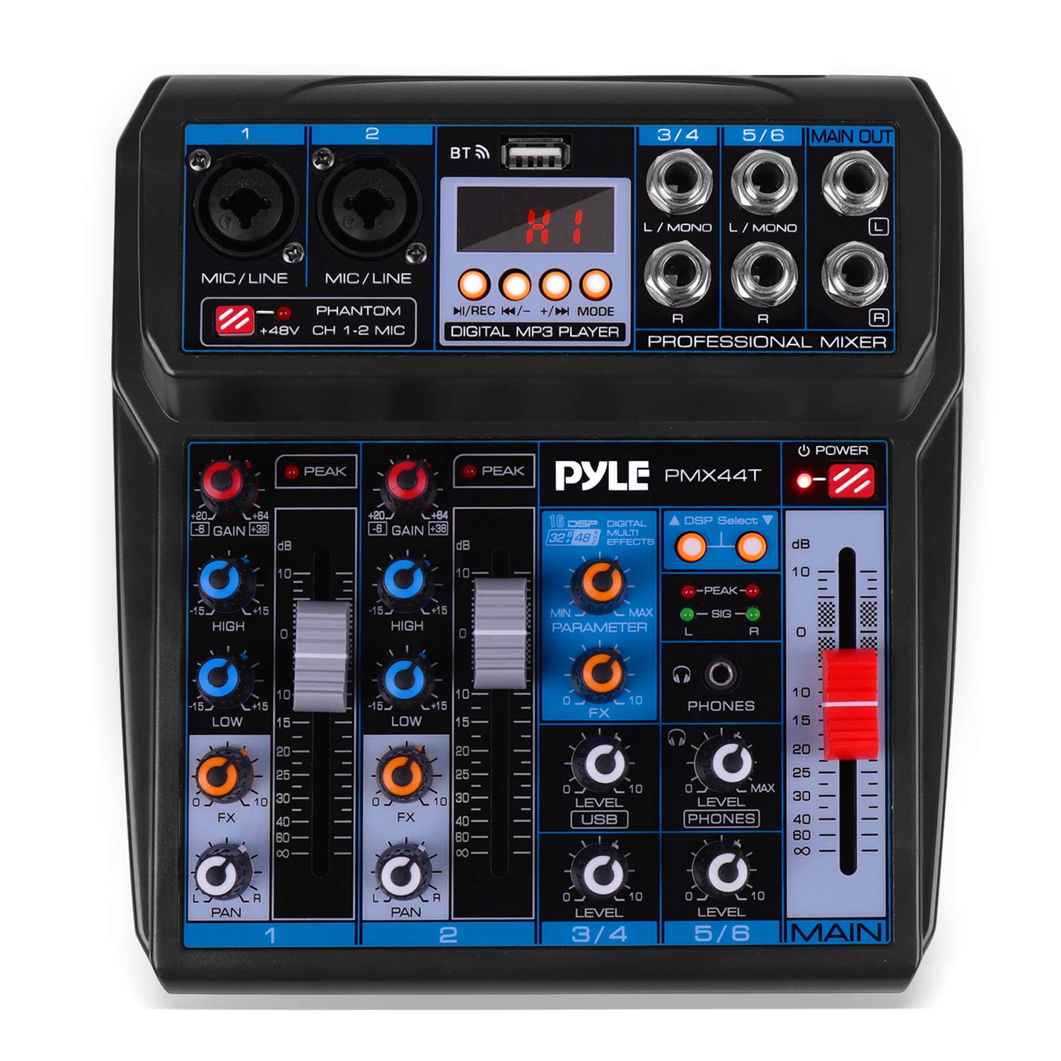 Pyle Professional Wireless DJ Audio Mixer - 6-Channel Bluetooth Compatible DJ Controller Sound Mixer w/DSP Effects, USB Audio Interface, Dual RCA In, XLR/1/4" Microphone In, Headphone Jack PMX44T