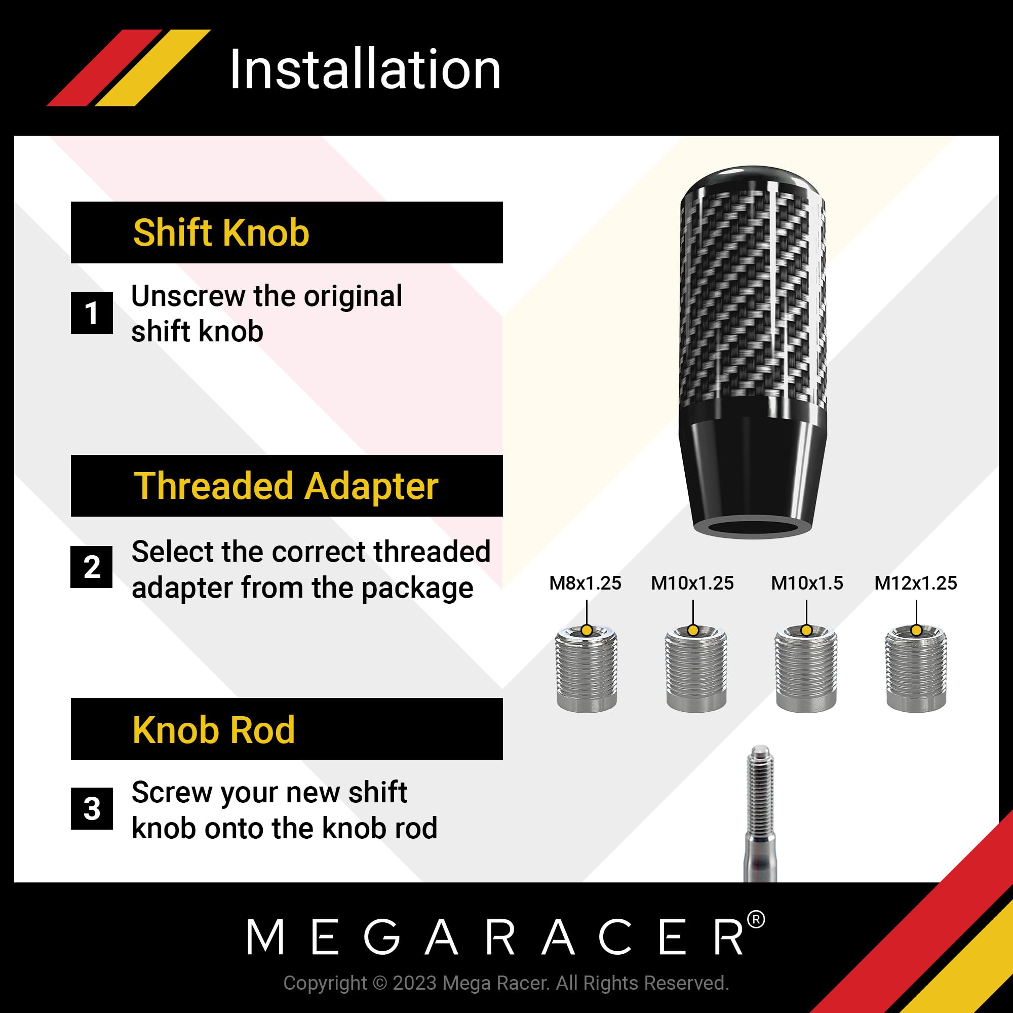 Mega Racer Black Carbon Fiber Shift Knob - Metal Threaded Adapter, Buttonless Automatic, 4 5 6 Speed Manual Transmission, JDM Car Accessories, 1 Pack