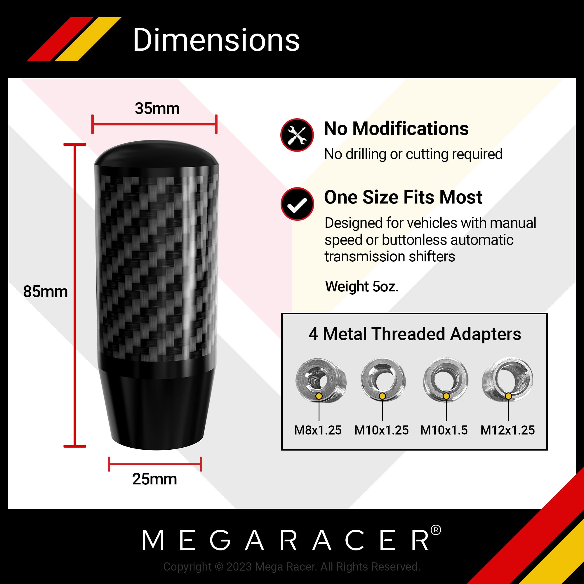 Mega Racer Black Carbon Fiber Shift Knob - Metal Threaded Adapter, Buttonless Automatic, 4 5 6 Speed Manual Transmission, JDM Car Accessories, 1 Pack