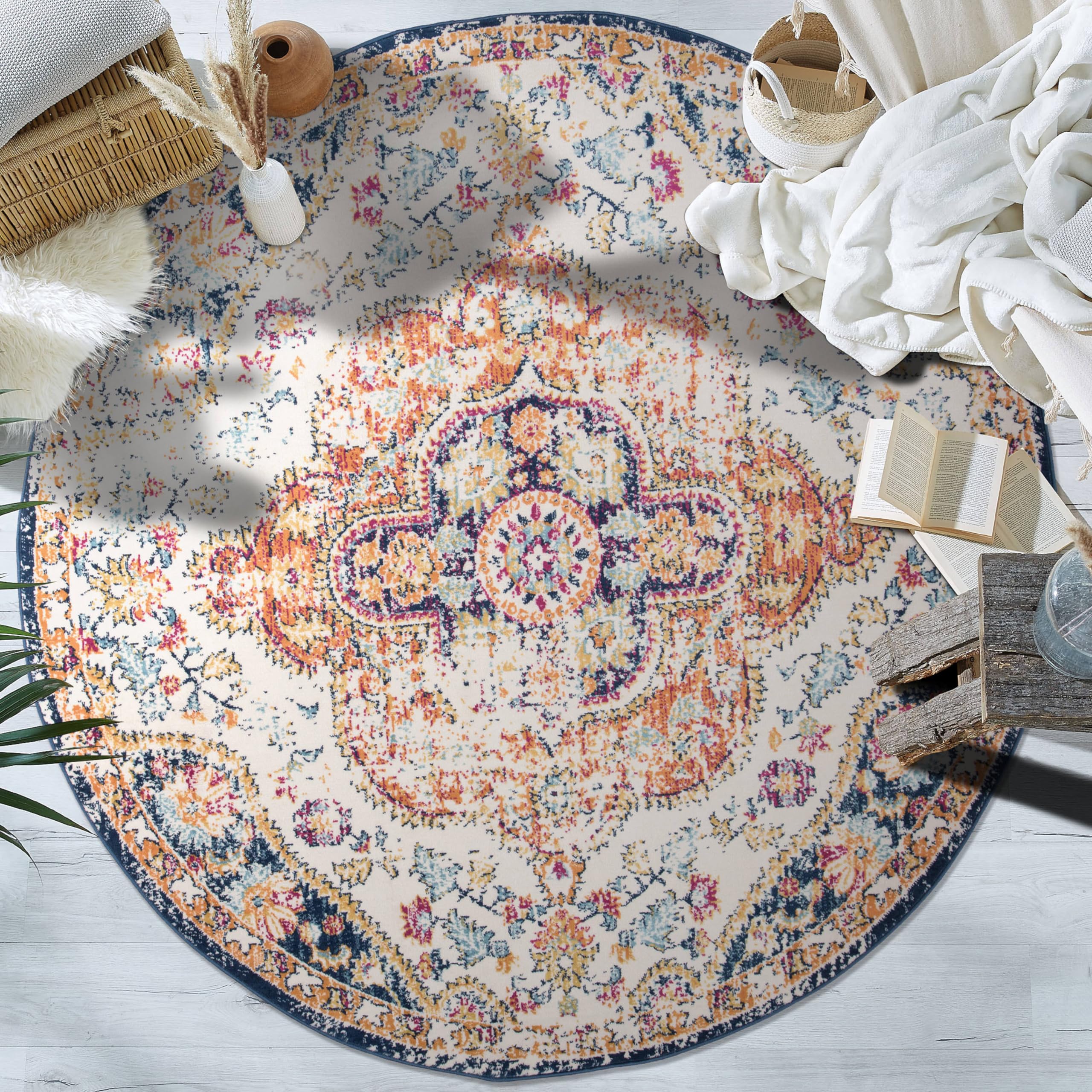 Rugshop Vintage Distressed Bohemian Round Rug 6' 6" (6' 6" Diameter) Multi