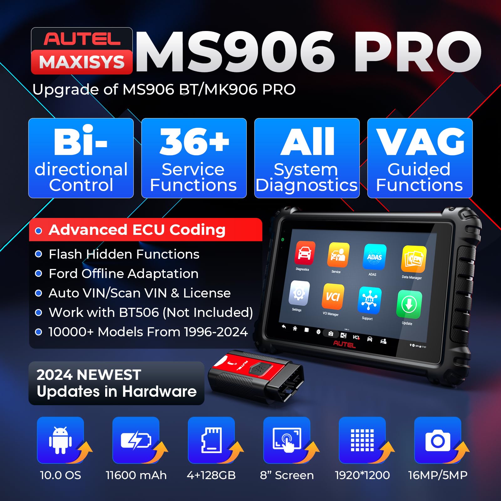 Autel MaxiSys MS906Pro Scan Tool: 2024 Newer Model of MS906/ MS906BT/ MK906BT Car Diagnostic Scanner, ECU Coding, 36+ Services, Active Test, All System, FCA Access, Work with BT506/MV105S/MV108S