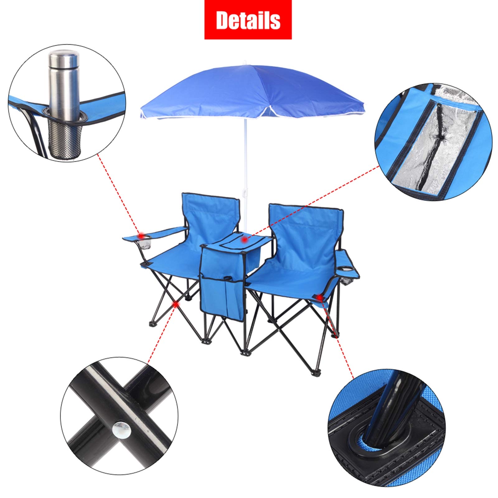 Develoo Double Folding Chairs, Portable Outdoor 2-Seat Folding Chair with Removable Sun Umbrella Camp Chairs with Shade Canopy for Outdoor Patio Garden Picnic Lawn Beach Camping Fishing NMFIN