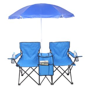 Develoo Double Folding Chairs, Portable Outdoor 2-Seat Folding Chair with Removable Sun Umbrella Camp Chairs with Shade Canopy for Outdoor Patio Garden Picnic Lawn Beach Camping Fishing NMFIN