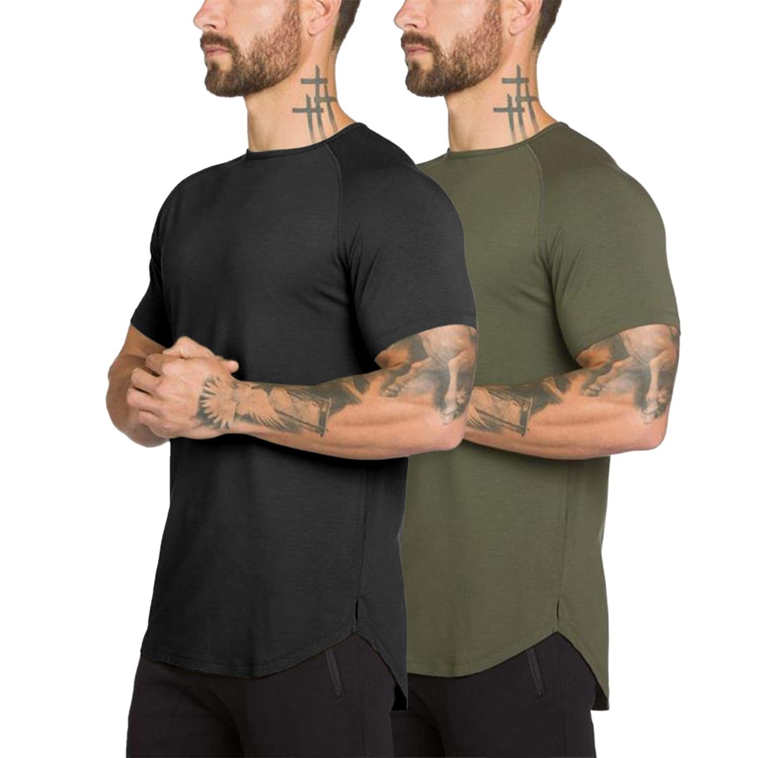 Mens Gym Workout Slim Fit Short Sleeve T-Shirt Cotton Performance Athletic Shirts Running Fitness Tee(AGBK L)