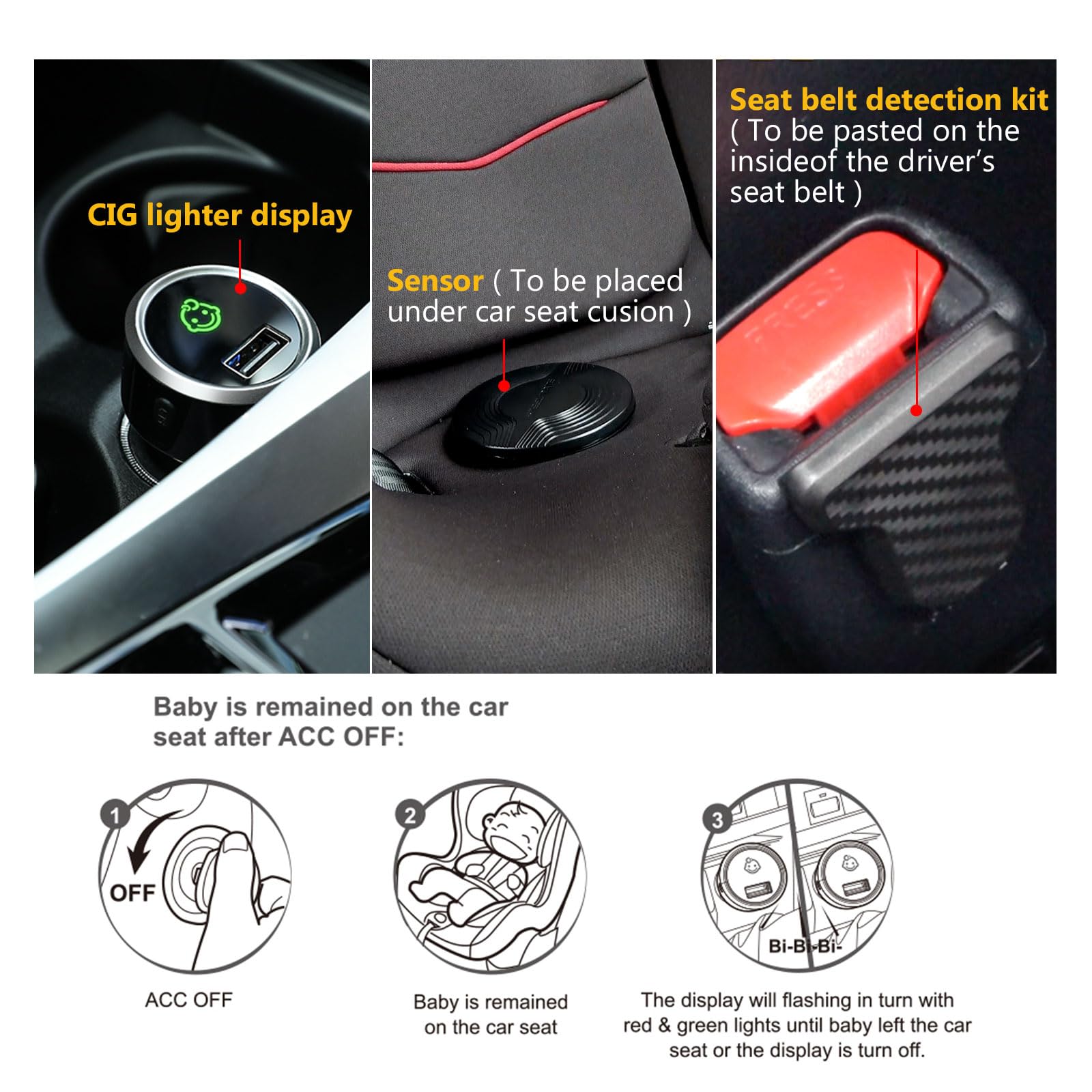 STEELMATE 1U Automotive Baby Car Seat Alarm System Reminder, Backseat Baby in Car Reminder Warning w/Light & Sounds Remind When Power Off/Unbuckle, Easy Installation