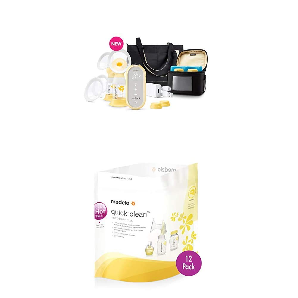 Medela Freestyle Flex Breast Pump and Quick Clean Micro-Steam Bags, Smart Pump, Closed System Quiet Portable, 12 Count Sterilizing Bags for Bottles & Breastpump Parts, Disinfects Most Accessories