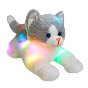 Houwsbaby 15‘’ Light up Kitty Stuffed Animal Cat Floppy LED Plush Toy Kitten Night Lights Glow Pillow Birthday Gifts for Kids Toddler Girls, Gray