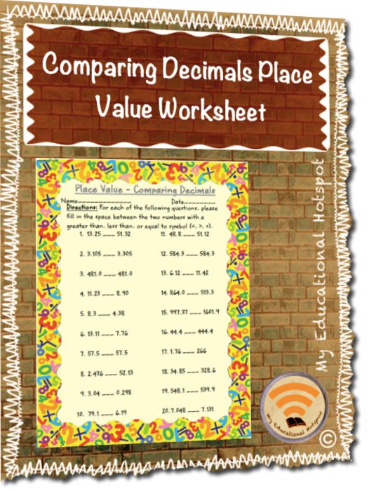 Comparing Decimals Place Value Worksheet